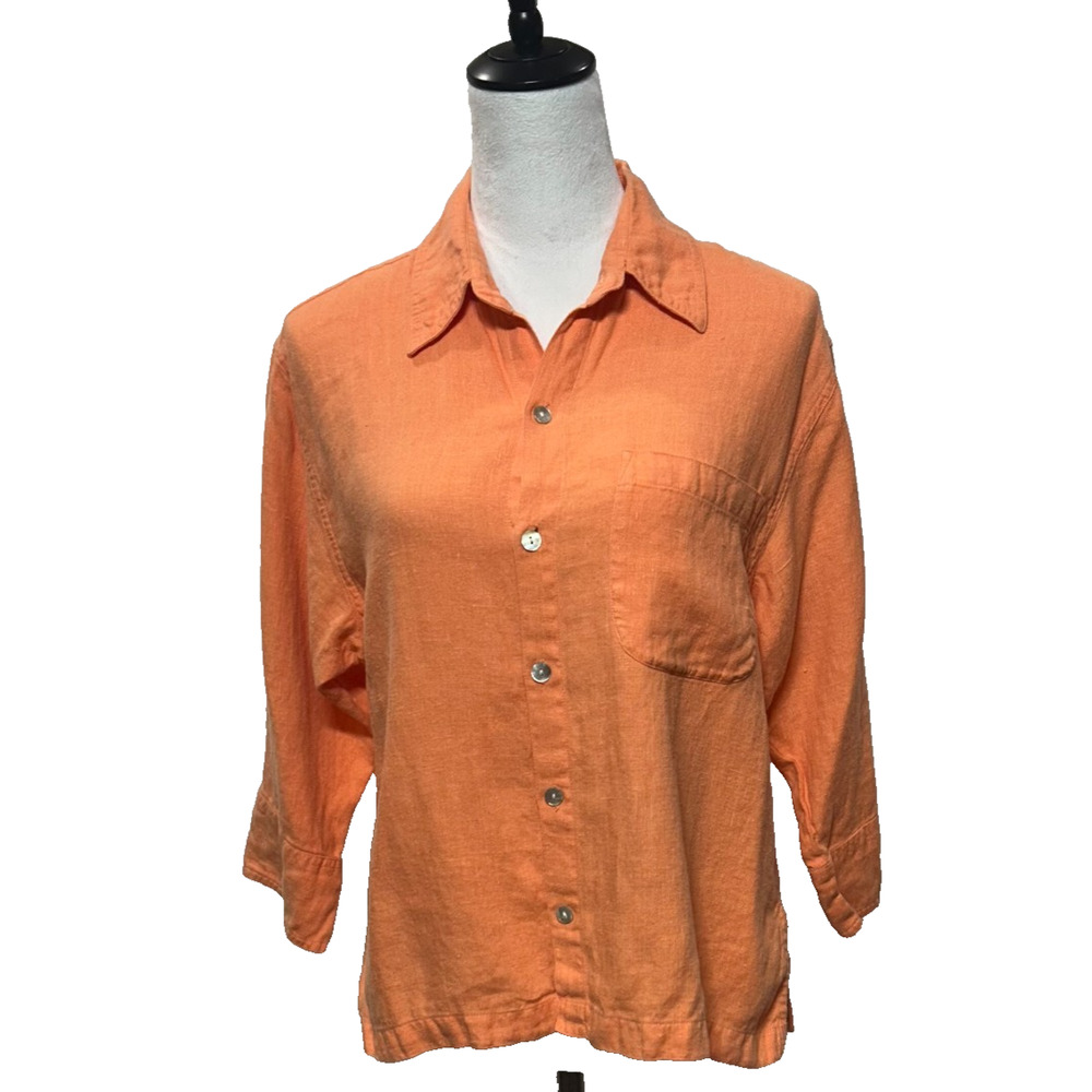 Chicos Design‎ Top Womens Medium 1 Orange 100% Linen Button Up Beachy Coastal